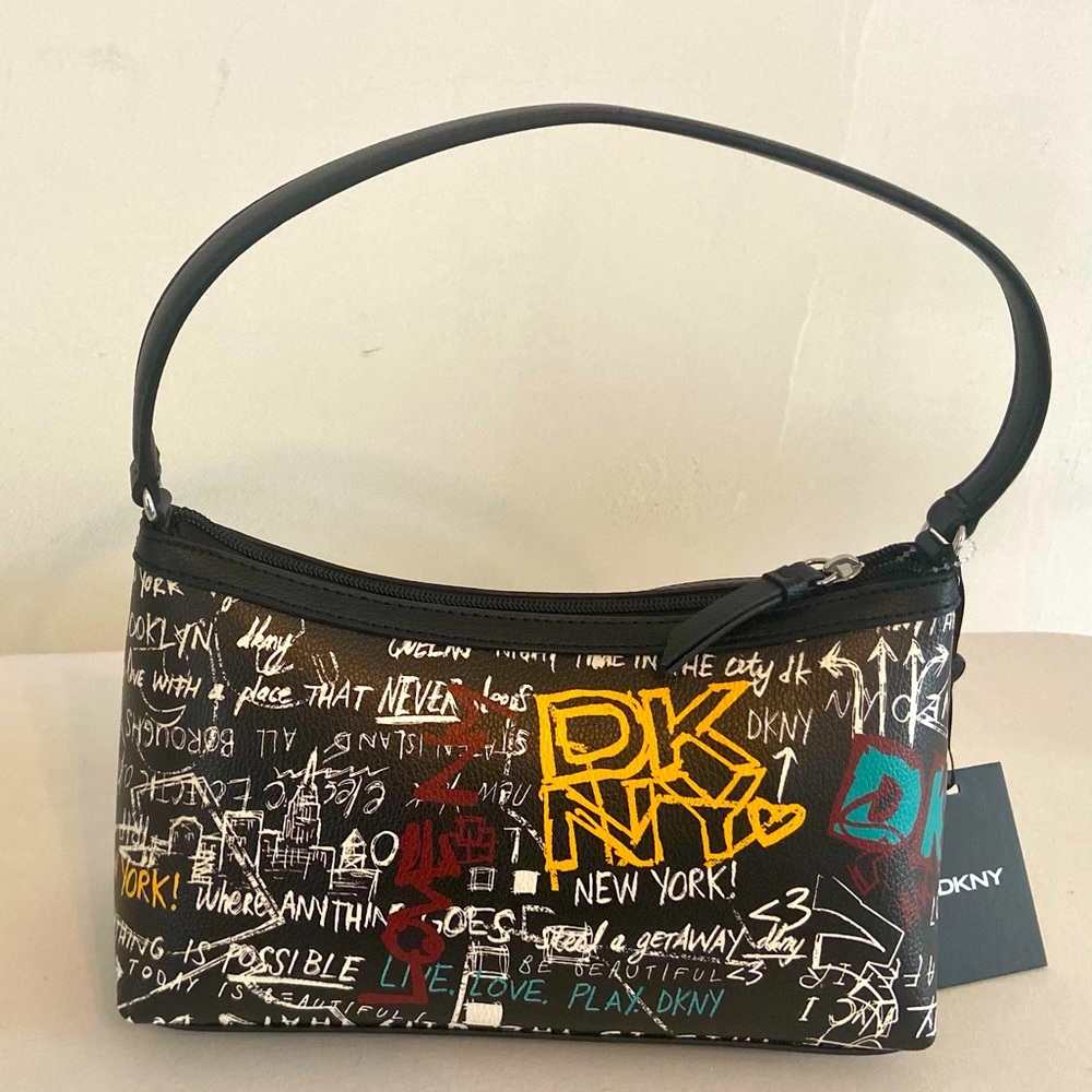 DKNY Carlita EW Baguette Black & Graffiti Print Faux Leather Womens Handbag Bag